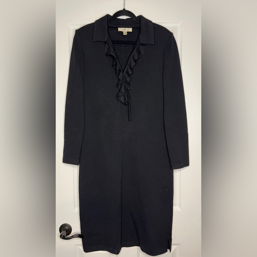 St. John Evening by Marie Gray Black Knit Ruffle Tie-Neck Dress | size 12